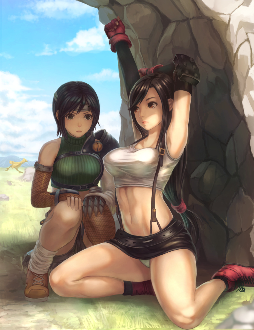 armpits, arms_up, breast_envy, breasts, brown_eyes, brown_hair, chocobo, erect_nipples