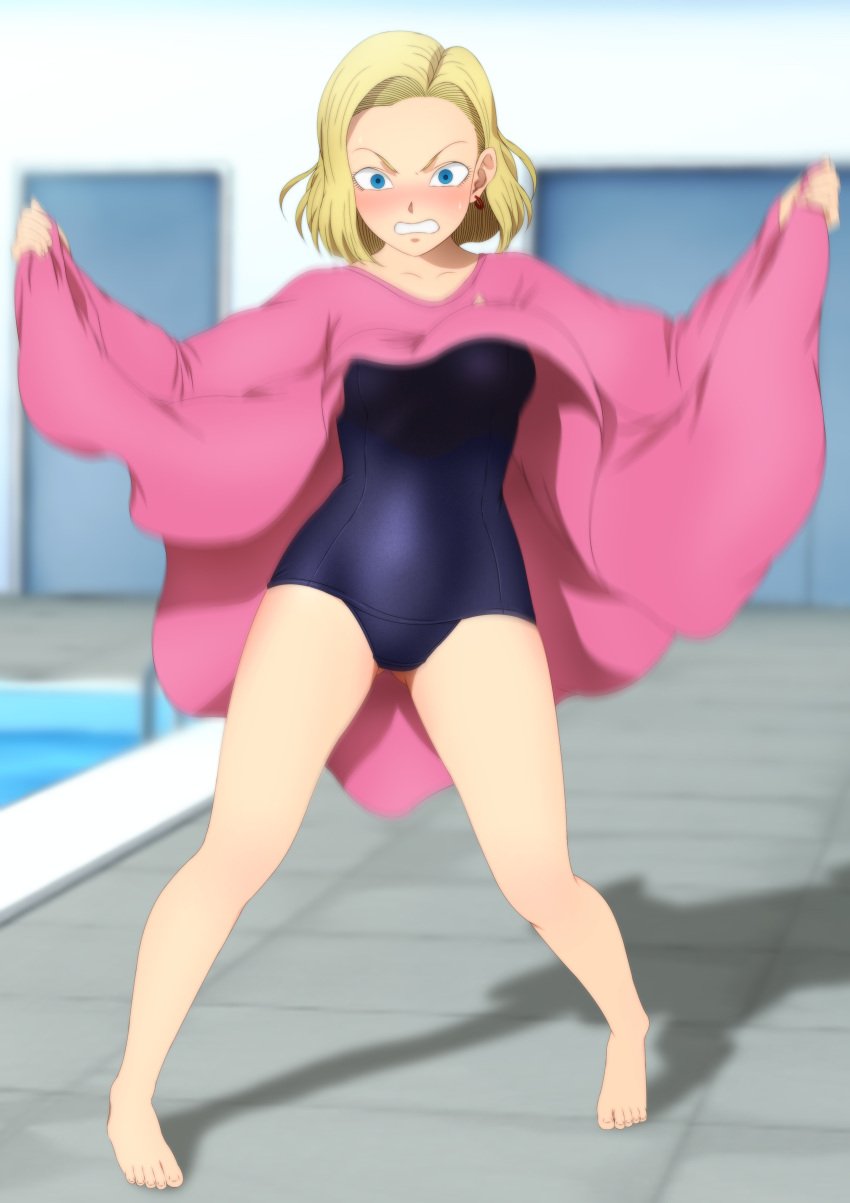 1girl, absurdres, android_18, barefoot, blonde_hair, blue_eyes, blush, breasts, bulma, bulma_(cosplay), clenched_teeth, cosplay, dragon_ball, dragonball_z, dress, dress_lift, earrings, embarrassed, feet, female, full_body, highres, jewelry, large_breasts, legs, looking_at_viewer, pool, shadow, short_hair, shueisha, solo, standing, swimsuit, teeth, thighs, toes, water, yadokari_genpachirou