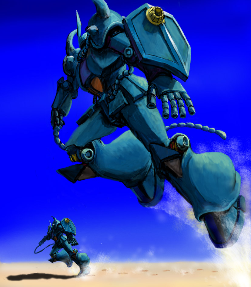 blue_sky, desert, gouf, gradient, gradient_background, gundam, heat_rod, mecha