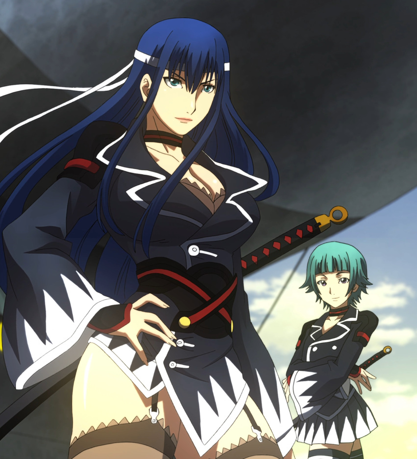 2girls, blue_eyes, blue_hair, breasts, cleavage, fuuun_ishin_dai_shogun, gradient, gradient_background, highres, hijikata_toshizou, large_breasts, long_hair, multiple_girls, screencap, standing, stitched