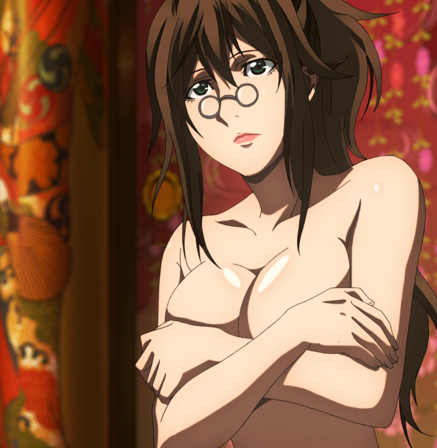 1girl, breasts, brown_hair, cleavage, covering, covering_breasts, female, fuuun_ishin_dai_shogun