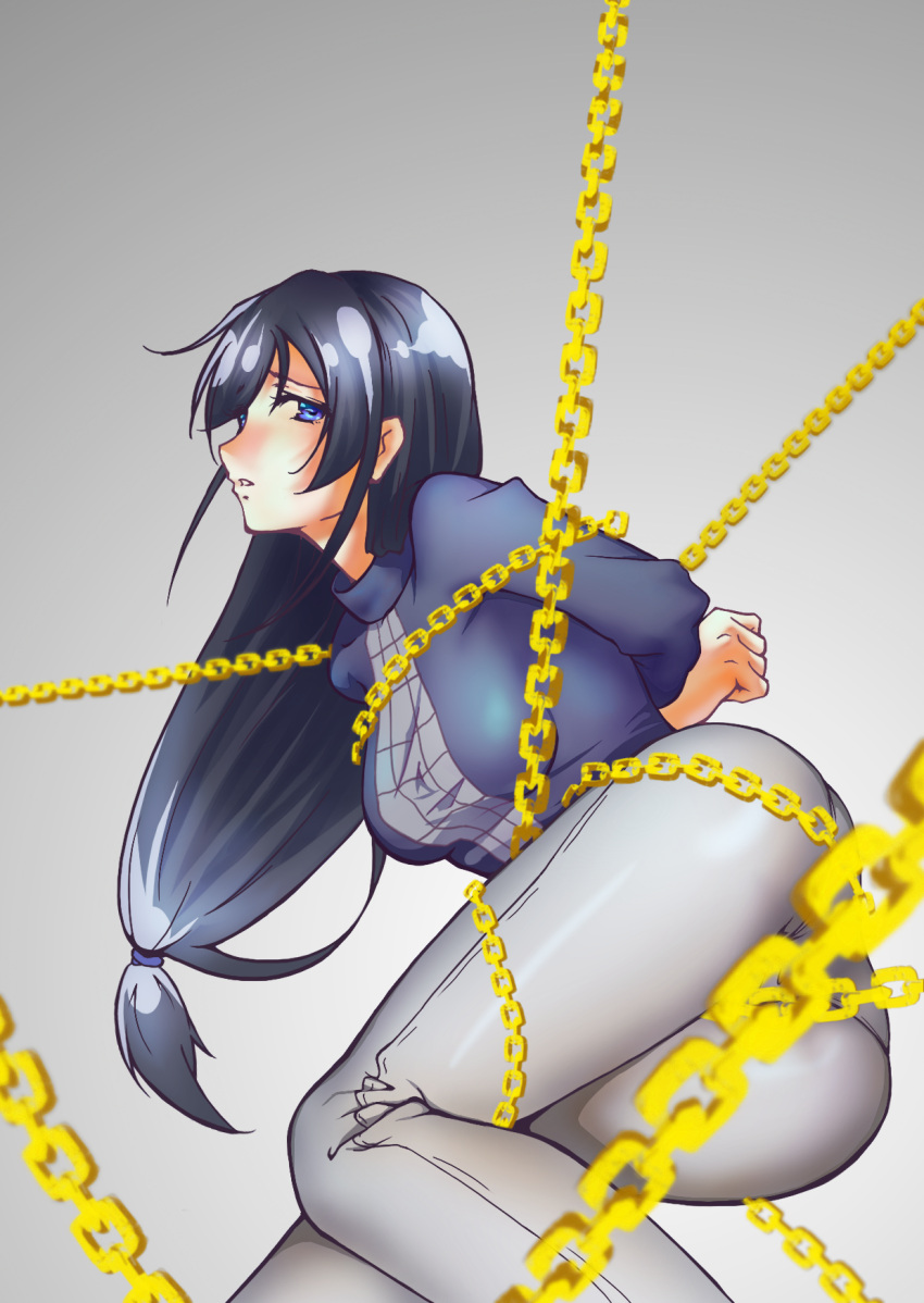 1girl, black_hair, blue_eyes, breasts, chains, fugi_yukihime, gradient, gradient_background, grey_background, long_hair, open_mouth, panties, ryuugajou_nanana_no_maizoukin, underwear
