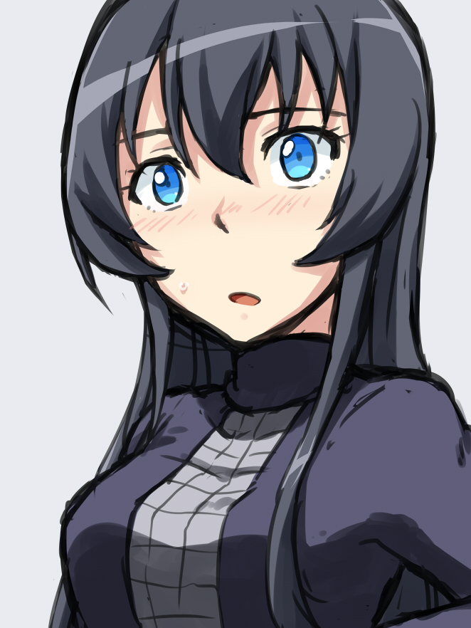 1girl, black_hair, blue_eyes, blush, breasts, fugi_yukihime, long_hair, open_mouth