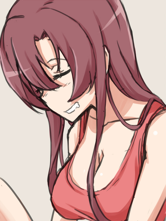 1girl, bare_shoulders, breasts, cleavage, closed_eyes, grey_background, long_hair, maporo_shiki
