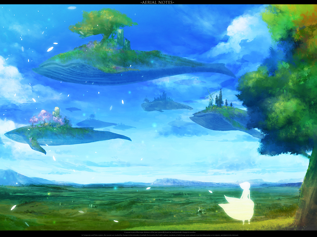 flying, flying_fish, landscape, letterboxed, original, overgrown, rel, scenery, sky, solo, surreal, tree, whale, windmill