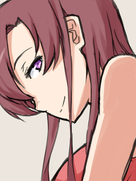 1girl, bare_shoulders, breasts, brown_background, long_hair, maporo_shiki, redhead, ryuugajou_nanana_no_maizoukin