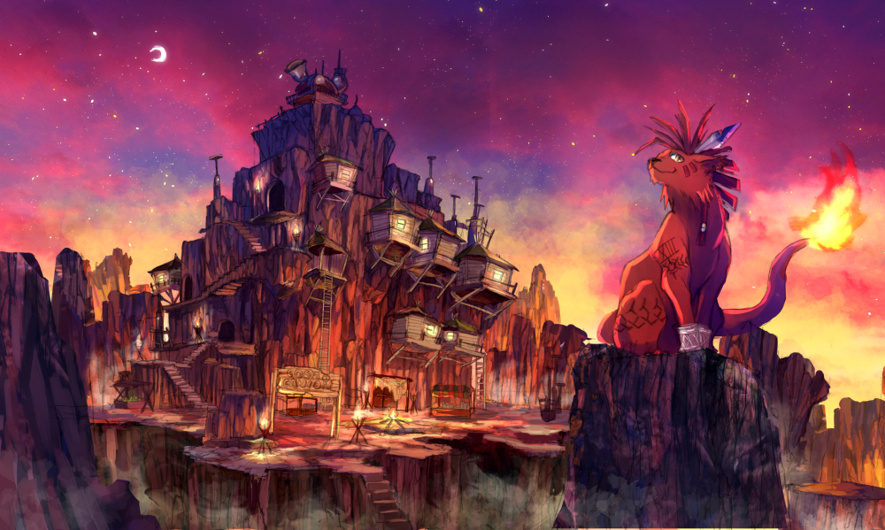 bracelets, canyon, cliff, evening, facial_mark, final_fantasy, final_fantasy_vii, fire, hair_feather, house, moon, pippi_(pixiv_1922055), red_xiii, star_(sky), tattoo, torch, town