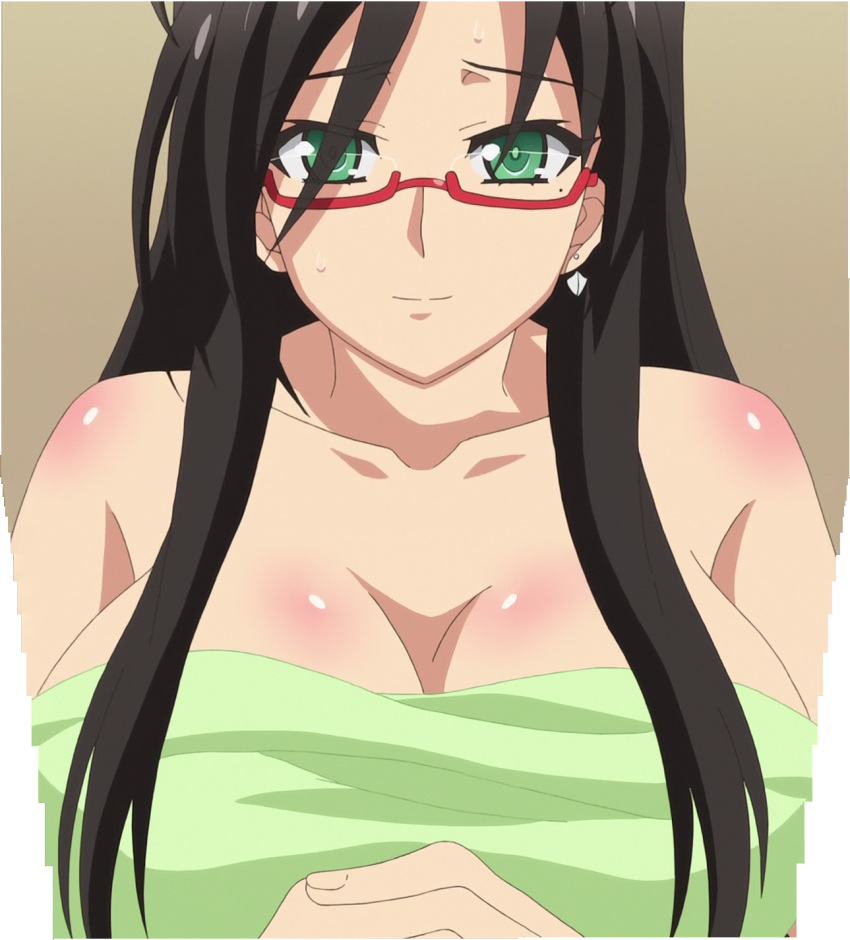 1girl, black_hair, breasts, cleavage, collarbone, earrings, female, glasses