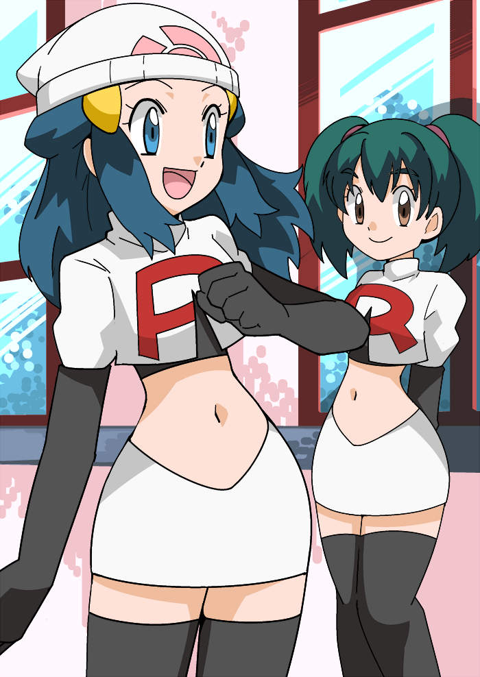 blue_eyes, blue_hair, brown_eyes, green_hair, hainchu, hikari_(pokemon), imite_(pokemon), navel