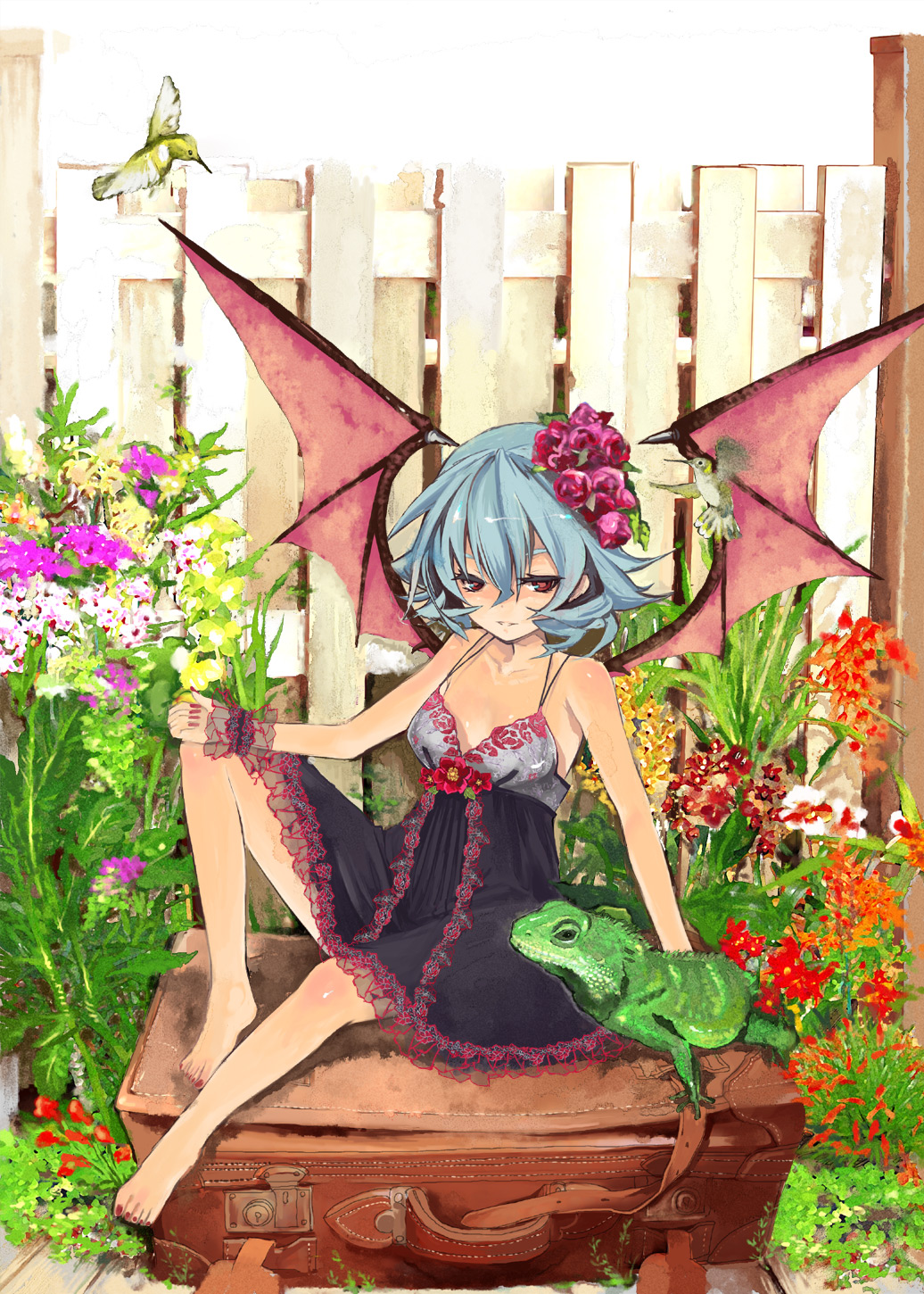 bare_shoulders, barefoot, bat_wings, bird, blue_hair, dress, feet, flower, highres, lizard, nail_polish, red_eyes, remilia_scarlet, siskin, suitcase, toenail_polish, touhou, wings
