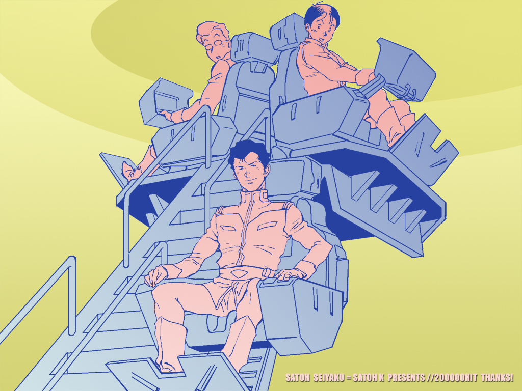 3boys, artist_name, boots, bright_noa, chair, glasses, gundam, male_focus, marker_clan, military, military_uniform, mobile_suit_gundam, monochrome, multiple_boys, oscar_dublin, satou-k, sitting, uniform
