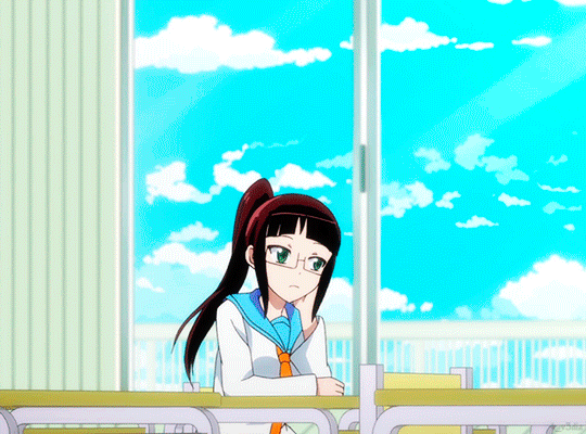 1boy, 1girl, animated, animated_gif, brown_hair, chin_rest, classroom, glasses