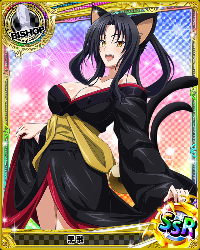 1girl, animal_ears, bare_shoulders, black_hair, breasts, cat_ears, cat_tail, checkered, cleavage, erect_nipples, female, high_school_dxd, japanese_clothes, kuroka, large_breasts, long_hair, looking_at_viewer, official_art, open_mouth, smile, solo, standing, tail, yellow_eyes, yukata