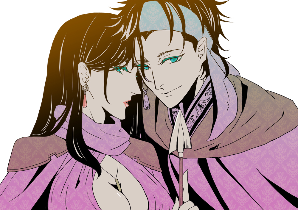 1boy, 1girl, aqua_eyes, armor, arrow, arslan_senki, black_hair, breasts
