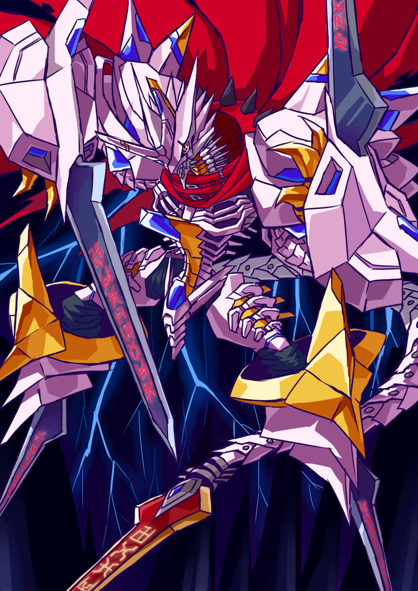 armor, artist_request, claws, digimon, gauntlets, gold, gradient, gradient_background
