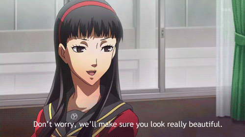 amagi_yukiko, animated, animated_gif, black_hair, brown_hair, persona, persona_4, satonaka_chie