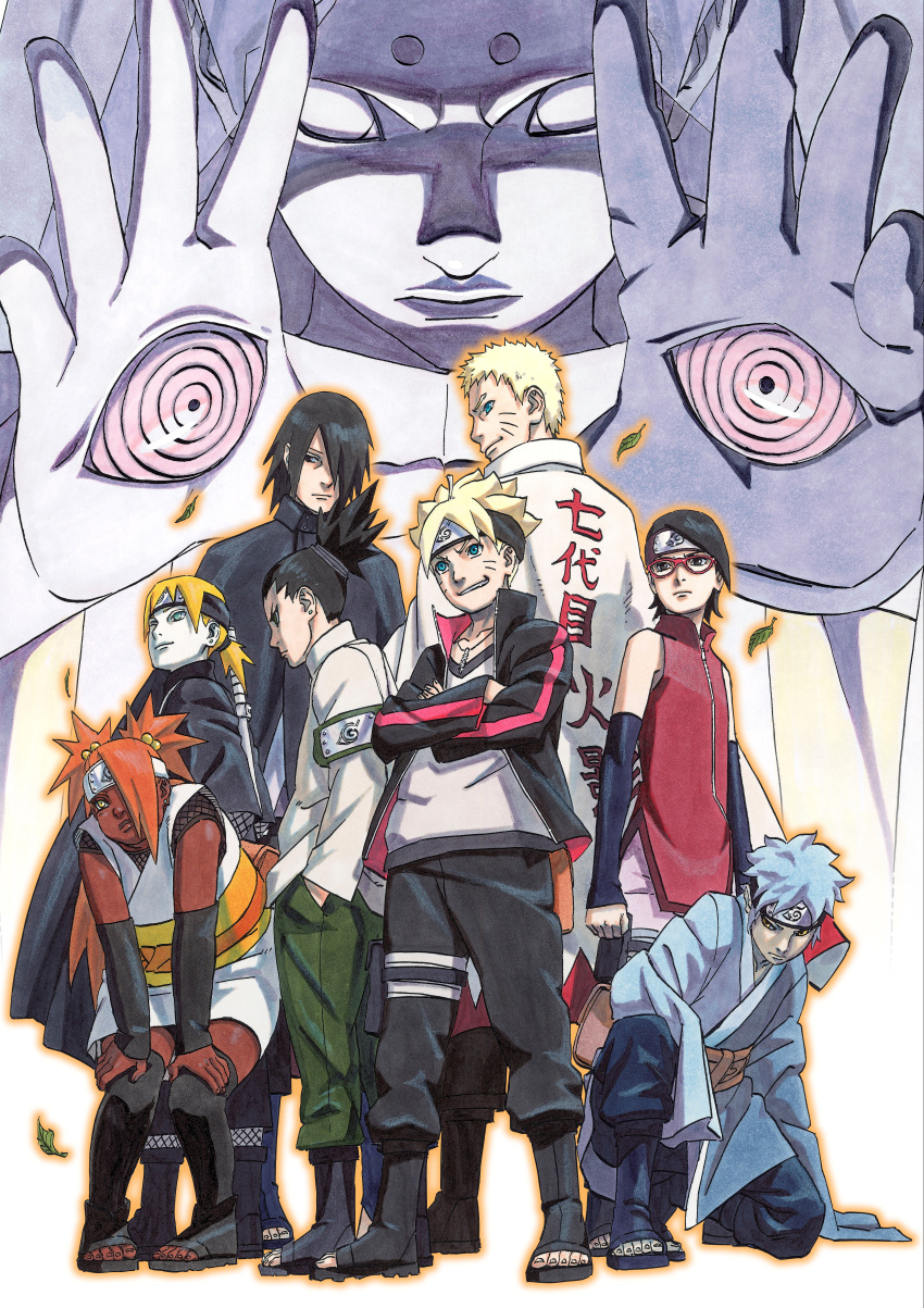 2girls, 6+boys, absurdres, akimichi_chouchou, boruto:_the_movie, forehead_protector, highres, kishimoto_masashi, mitsuki_(naruto), multiple_boys, multiple_girls, nara_shikadai, naruto, official_art, ootsutsuki_momoshiki, rinnegan, toeless_legwear, uchiha_sarada, uchiha_sasuke, uzumaki_boruto, uzumaki_naruto, whiskers, yamanaka_inojin