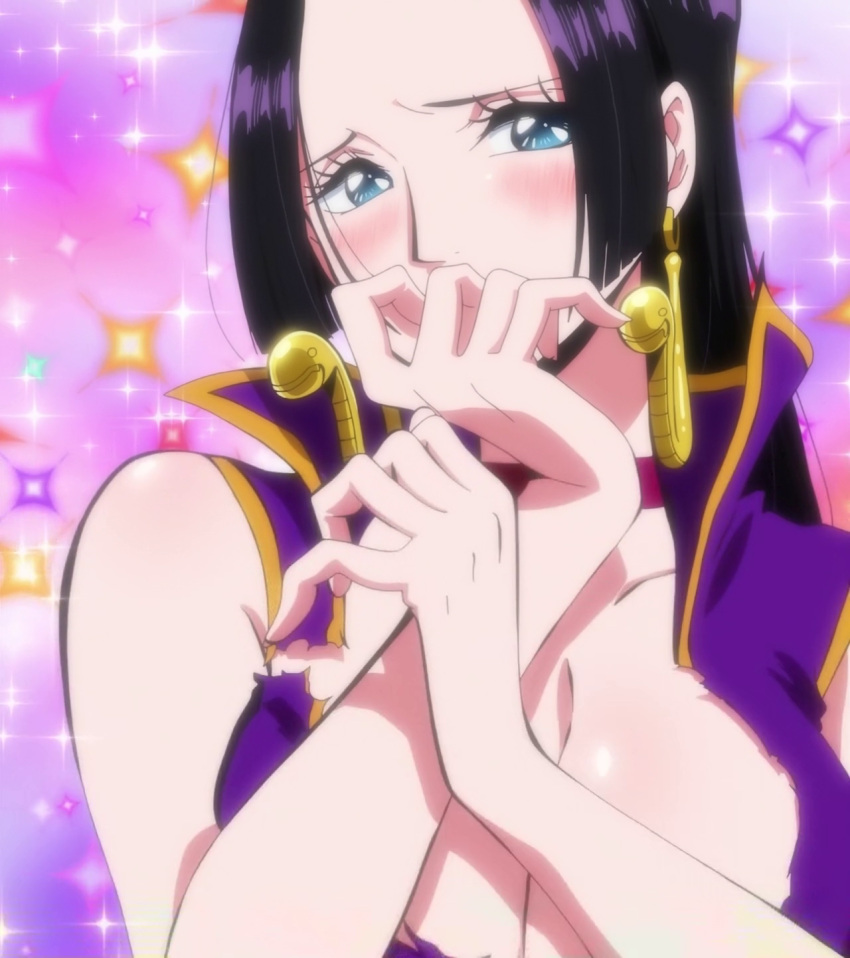 1girl, blue_eyes, blush, boa_hancock, breasts, cleavage, earrings, female