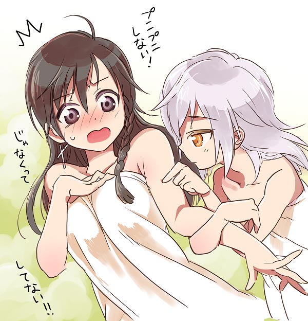 2girls, ahoge, bare_shoulders, black_hair, blush, braid, breasts, brown_eyes