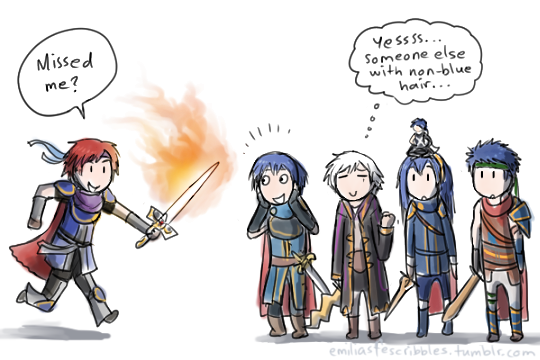 1girl, 5boys, blue_hair, english, father_and_daughter, fire, fire_emblem, fire_emblem:_akatsuki_no_megami, fire_emblem:_fuuin_no_tsurugi, fire_emblem:_kakusei, ike_(fire_emblem), krom, krom_(fire_emblem), lucina, lucina_(fire_emblem), marth_(fire_emblem), multiple_boys, my_unit, my_unit_(fire_emblem:_kakusei), nintendo, redhead, roy_(fire_emblem), simple_background, smile, super_smash_bros., sword, tagme, weapon, white_hair, |_|