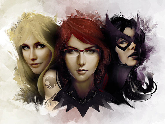 3girls, barbara_gordon, batman_(series), black_canary, black_hair, blonde_hair, dc_comics, glasses