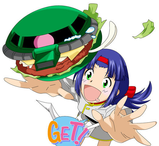 1girl, blue_hair, cheese, food, green_eyes, gundam, gundam_lost_war_chronicles, hamburger