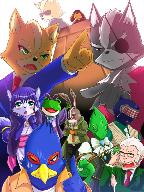 andross, blue_eyes, blue_hair, cosplay, eyepatch, falco_lombardi, fox_mccloud, furry, green_eyes, james_mccloud, jewelry, krystal, leon_powalski, long_hair, necklace, necktie, nintendo, peppy_hare, red_eyes, slippy_toad, star_fox, suit, sunglasses, wolf_o'donnell