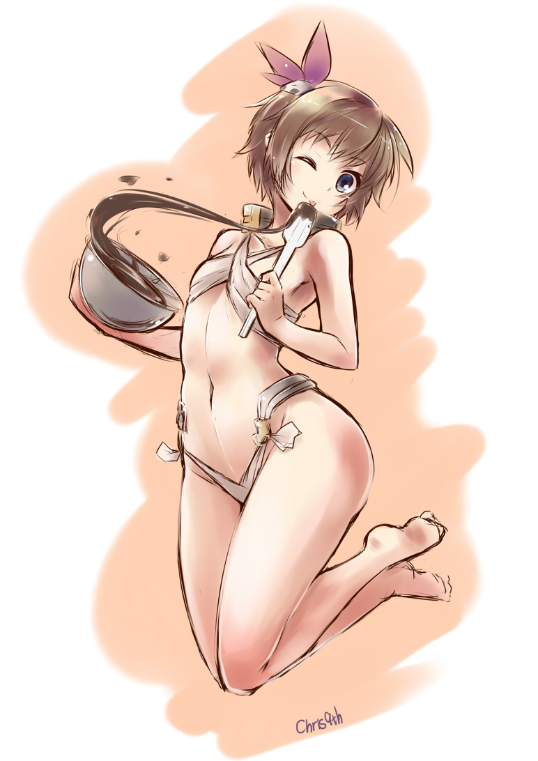 1girl, bikini, brown_hair, character_request, chris1026, female, food, kyoukaisenjou_no_horizon