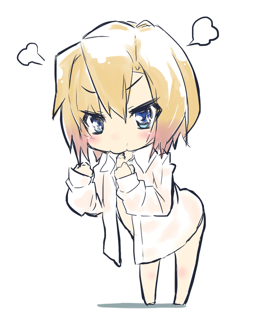 1girl, blonde_hair, blue_eyes, bottomless, character_request, chibi, chris1026, female, kyoukaisenjou_no_horizon, simple_background, solo