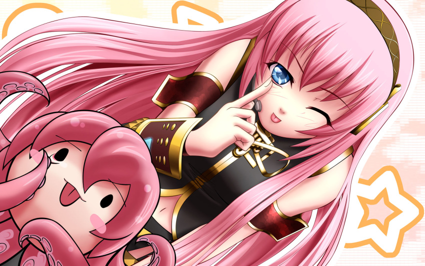 ;p, blue_eyes, headset, highres, kirinnji, long_hair, megurine_luka, pink_hair, takoluka, tongue, vocaloid, wallpaper, wink