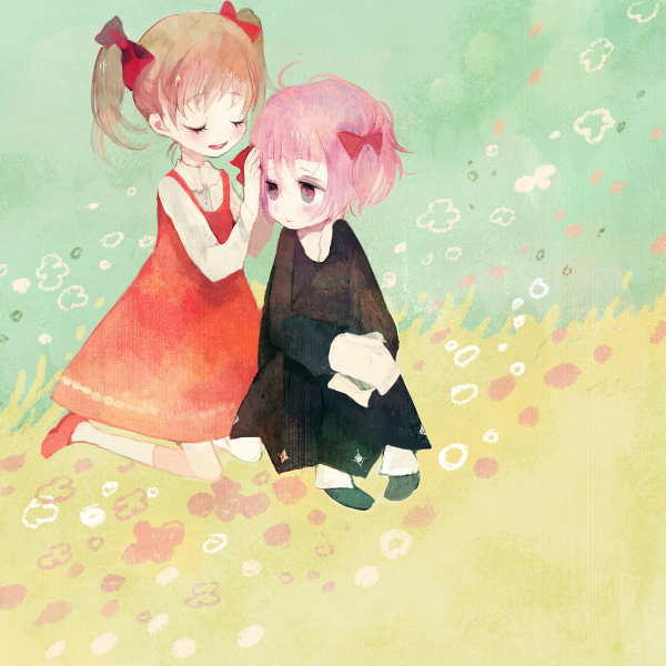 2girls, blonde_hair, bow, chibi, child, chrona_makenshi, dress, flower, hair_bow, maka_albarn, makenshi_chrona, pechika, pink_hair, ribbon, short_hair, soul_eater, twintails