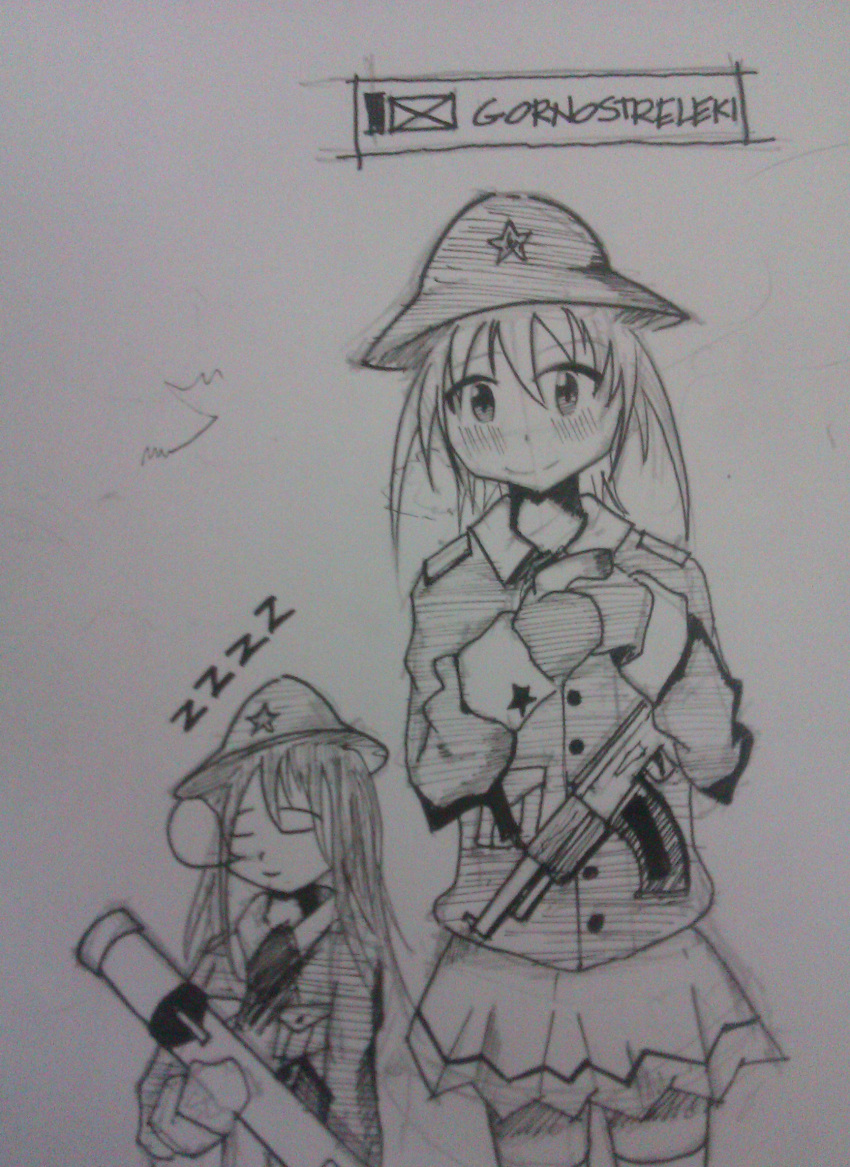 2girls, ak-74, assault_rifle, drawing, gloves, gornostrelki, gun, hat, keramatzmode, military, military_uniform, monochrome, multiple_girls, rifle, skirt, sleeping, soldier, thigh-highs, uniform, ussr, wargame_(series), weapon