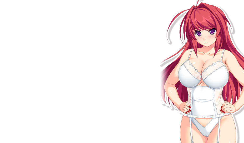 1girl, akuyome!_akuma_na_yome_ni_shiborareru, blush, breasts, cleavage, embarrassed, game_cg, garter_straps, hands_on_hips, highres, huge_breasts, iris_(akuyome), legs, lingerie, long_hair, looking_at_viewer, mero, nail_polish, panties, redhead, simple_background, solo, standing, thighs, underwear, violet_eyes