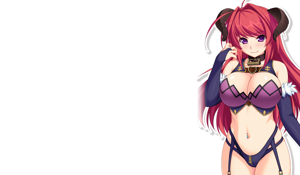1girl, akuyome!_akuma_na_yome_ni_shiborareru, bare_shoulders, blush, breasts, cleavage, collar, demon_girl, elbow_gloves, game_cg, gloves, highres, horns, huge_breasts, iris_(akuyome), legs, long_hair, looking_at_viewer, mero, navel, piercing, redhead, simple_background, solo, standing, thighs, violet_eyes, zipper