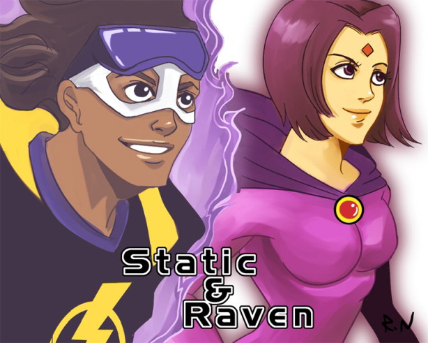 1boy, 1girl, black_hair, bob_cut, brown_eyes, character_name, cloak, dark_skin, dc_comics, goggles, gradient, gradient_background, hairlocs, mask, raven_(dc), short_hair, smile, static_shock, teen_titans, violet_eyes, virgil_ovid_hawkins