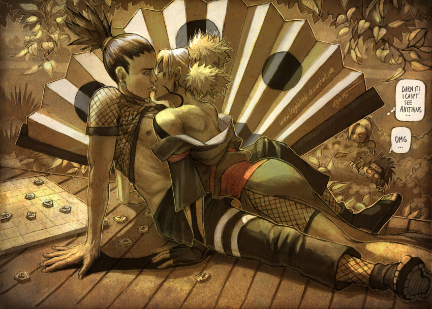 2boys, 2girls, akimichi_chouji, back, back_muscles, bare_shoulders, black_hair, blonde_hair