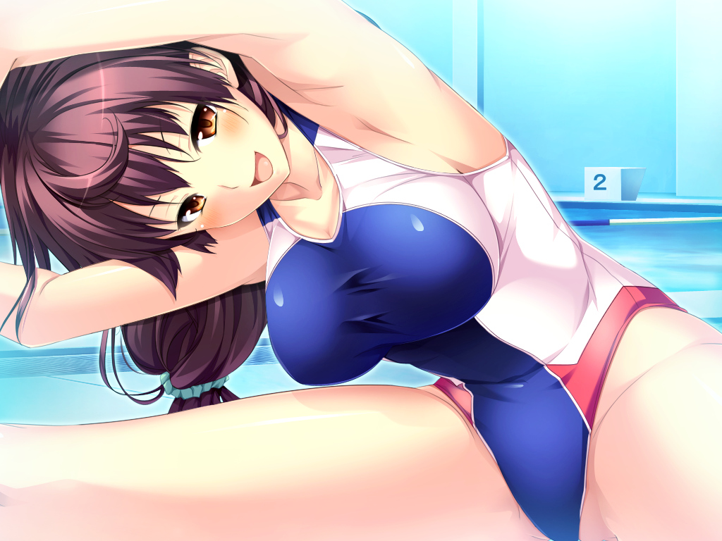1girl, armpits, blush, breasts, brown_hair, exercise, female, game_cg, highres, large_breasts, legs, long_hair, looking_at_viewer, marushin_(denwa0214), open_mouth, orange_eyes, pool, shinohara_katsumi, sitting, solo, spread_legs, supokon!_sports_wear_complex, swimsuit, thighs, water