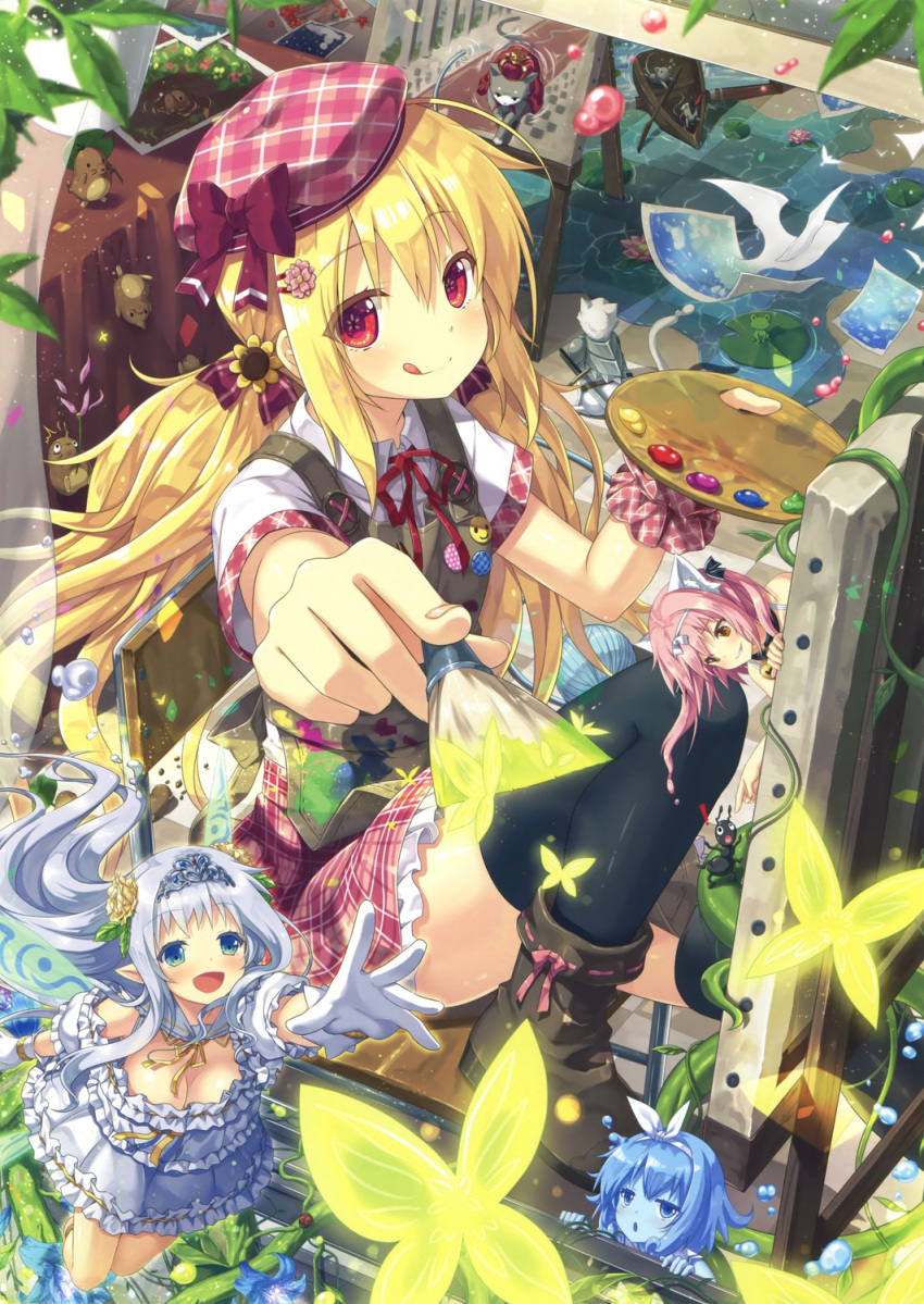 animal, bells, blonde_hair, blue_eyes, blue_hair, blush, boots, butterfly, cloak, dress, fairy, flower, gloves, hairband, hairpins, happy, hat, long_hair, mitsuki, mitsuki_(eushully), pink_hair, pointy_ears, red_eyes, ribbon, royal, short_hair, skirt, smile, thigh-highs, tongue, twintails, water, wings