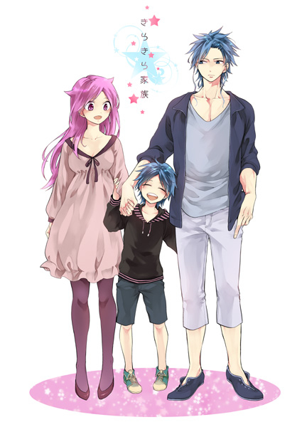 1girl, 2boys, aladdin_(magi), blue_eyes, blue_hair, couple, family, father_and_son, husband_and_wife, magi_the_labyrinth_of_magic, mother_and_son, multiple_boys, painapo, red_eyes, redhead, sheba_(magi), simple_background, smile, solomon_(magi), tagme