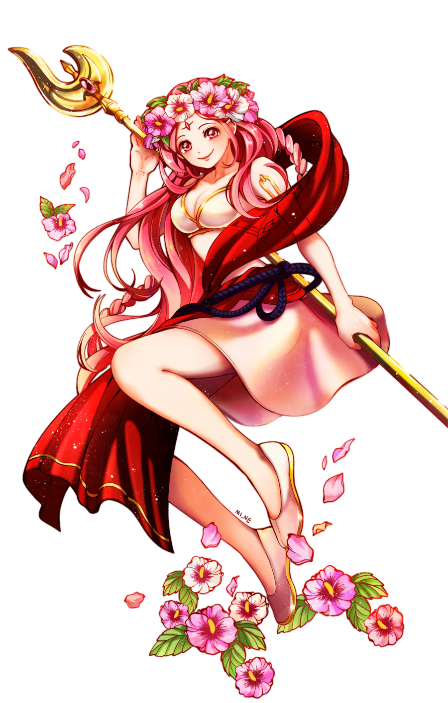 1girl, artist_request, flower, flower_headdress, long_hair, magi_the_labyrinth_of_magic, red_eyes, redhead, sheba_(magi), simple_background, smile, tagme, wand