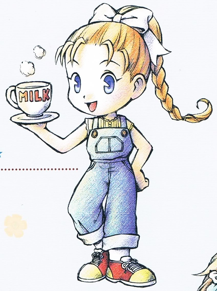 1girl, ann_(harvest_moon), ann_(harvest_moon:_friends_of_mineral_town), ann_(harvest_moon_friends_of_mineral_town), blue_eyes, bow, braid, cup, hair_bow, harvest_moon, harvest_moon:_friends_of_mineral_town, harvest_moon_friends_of_mineral_town, looking_at_viewer, milk, official_art, orange_hair, overalls, ponytail, simple_background, waitress