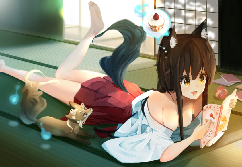 animal, animal_ears, barefoot, book, breasts, brown_eyes, brown_hair, cleavage
