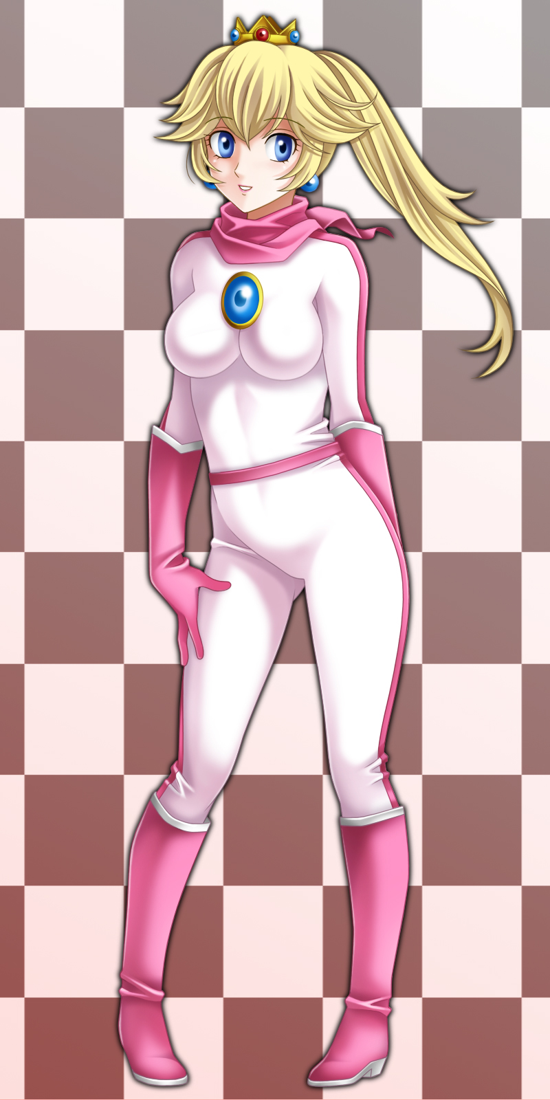1girl, biker_clothes, bikesuit, blonde_hair, blue_eyes, bodysuit, breasts, checkered