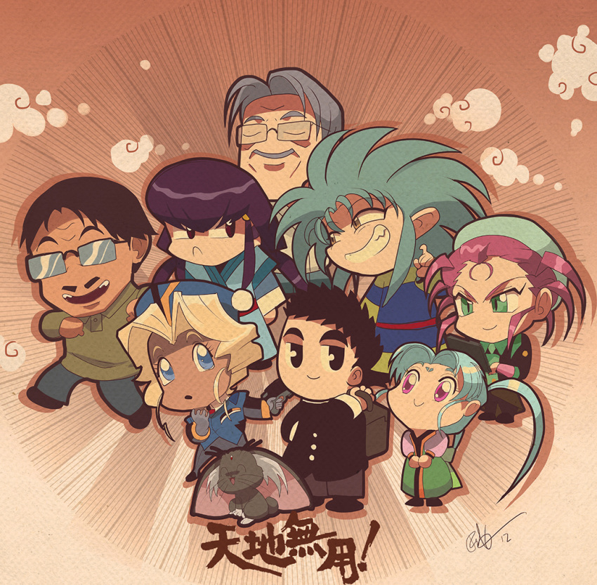 3boys, 6+girls, bag, black_eyes, black_hair, blue_eyes, blue_hair, closed_eyes