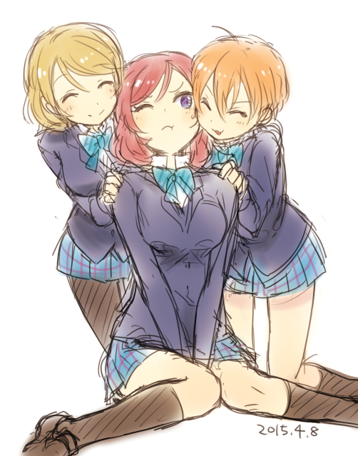 3girls, black_hair, blonde_hair, closed_eyes, hoshizora_rin, koizumi_hanayo, love_live!, love_live!_school_idol_project, multiple_girls, nishikino_maki, one_eye_closed, orange_hair, redhead, school_uniform, short_hair, simple_background, sitting, totoben, violet_eyes