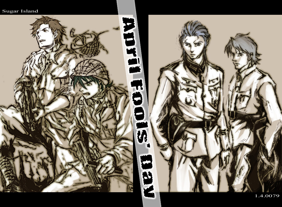 4boys, garsky_zinobaev, gun, gundam, gundam_08th_ms_team, gundam_lost_war_chronicles, hat, helmet, ken_bederstadt, matt_healy, military, military_uniform, monochrome, multiple_boys, redelta, shiro_amada, soldier, uniform, weapon