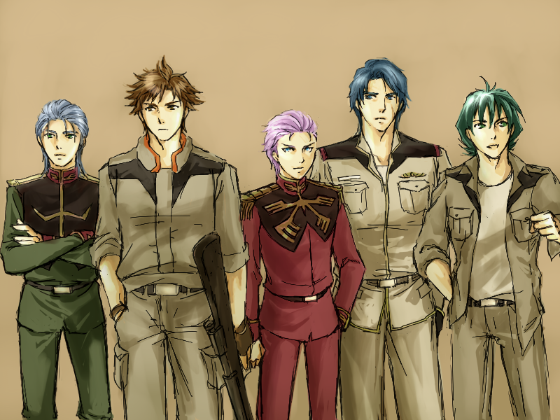 5boys, blue_hair, brown_hair, crossed_arms, eric_blanke, green_hair, gun, gundam, gundam_08th_ms_team, gundam_battlefield_record_uc_0081, gundam_lost_war_chronicles, hugues_courand, ken_bederstadt, matt_healy, military, military_uniform, multiple_boys, purple_hair, redelta, shiro_amada, simple_background, uniform, weapon