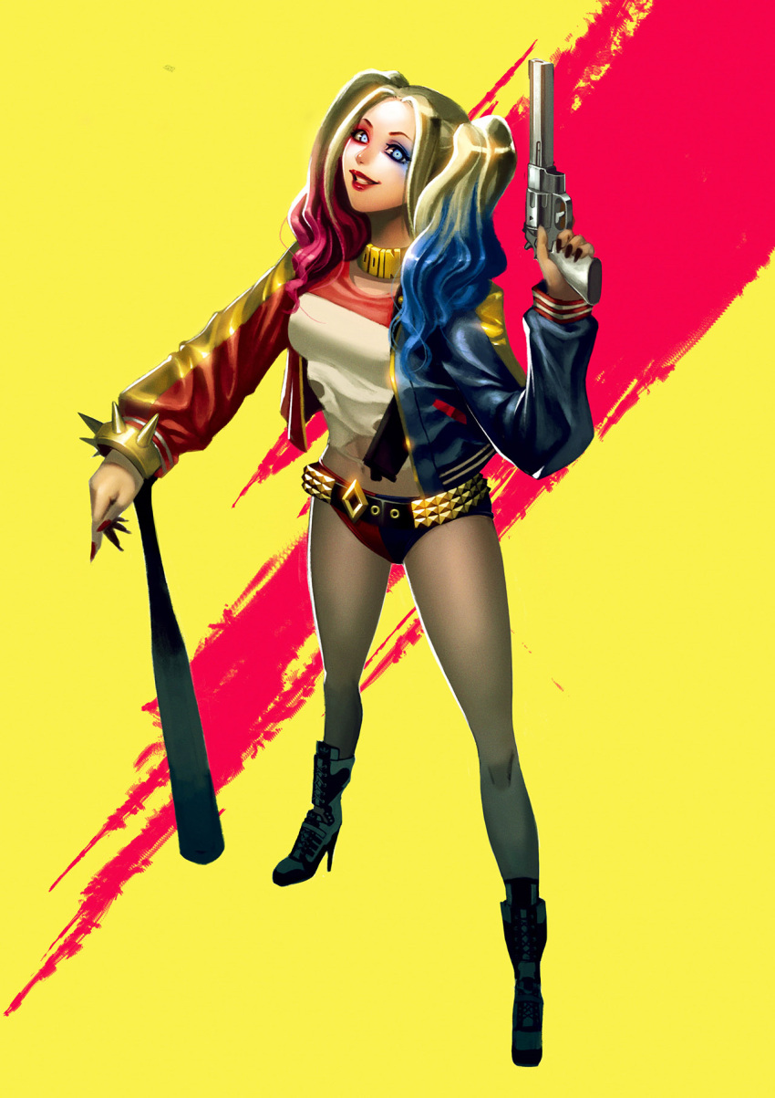 1girl, baseball_bat, batman_(series), belt, blonde_hair, breasts, dc_comics, dccu, fingerless_gloves, gloves, gun, harley_quinn, high_heels, jacket, lipstick, looking_at_viewer, makeup, md5_mismatch, mowlana, nail_polish, simple_background, single_glove, studded_belt, suicide_squad, twintails, weapon