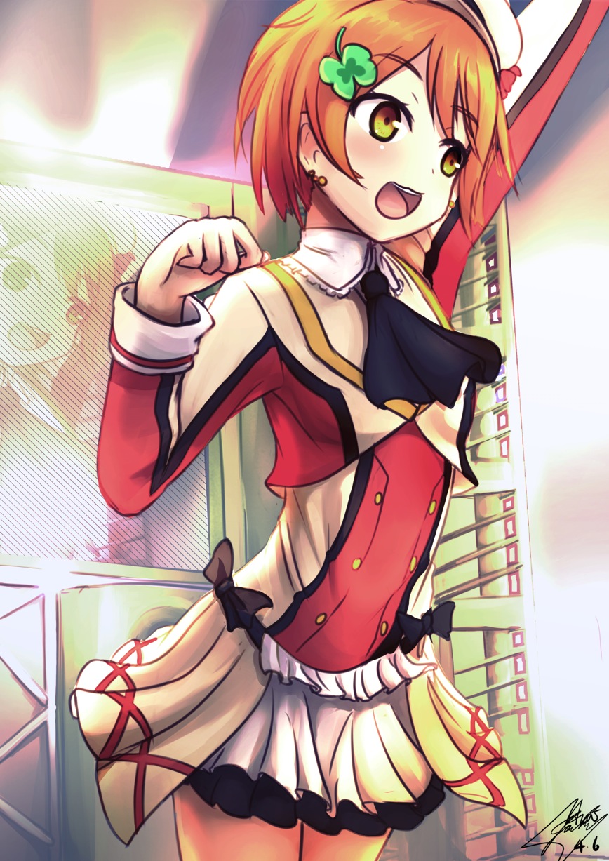 1girl, arm_up, breasts, green_eyes, hair_ornament, hoshizora_rin, idol, j.h_j.h