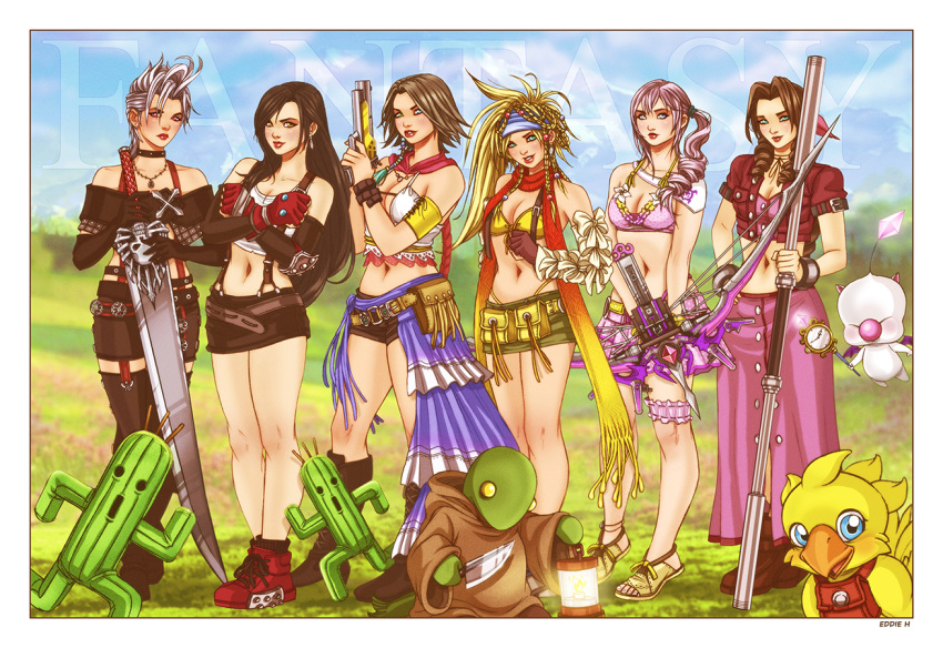 00s, 6+girls, aerith_gainsborough, alternate_costume, armband, bandanna, bare_shoulders, belt